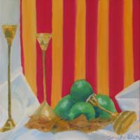 Still Life - Brass Candle Holders And Limes - Oil On Canvas